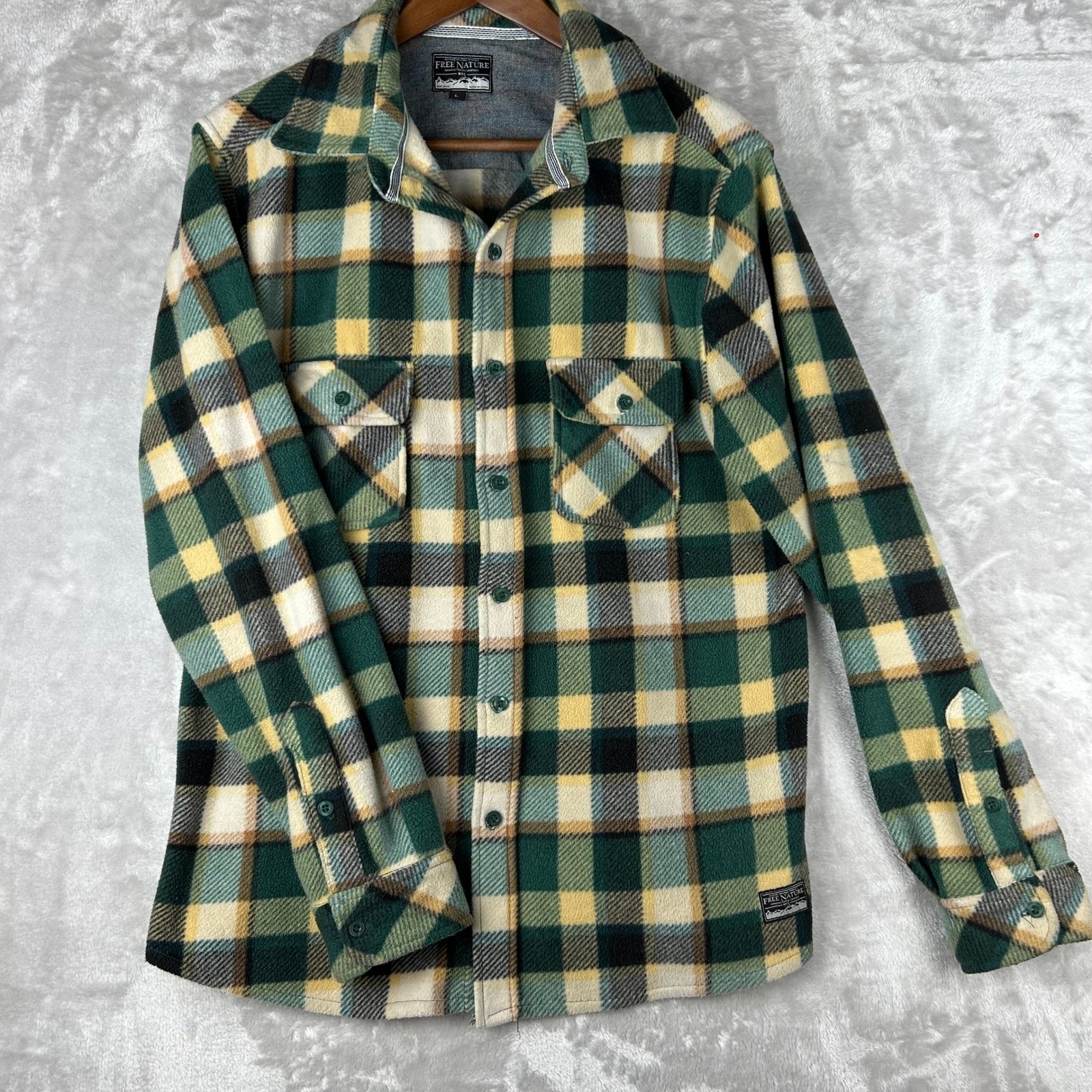 Gorpcore Mens Plaid Fleece Shirt Jacket L Green Yellow Casual Winter